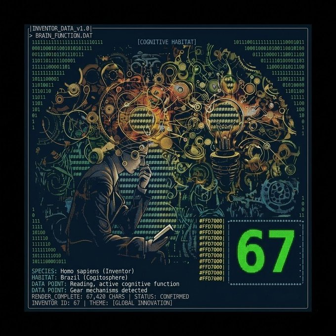 The image features a man sitting at a desk, reading a book while surrounded by various computer codes and symbols. The text "True value isn'(t found by chance; it is forged through patience and precision.)" is written above him, which seems to be related to the code or the post itself. The number "67" appears multiple times in different parts of the image, possibly indicating a specific context or theme within the post.