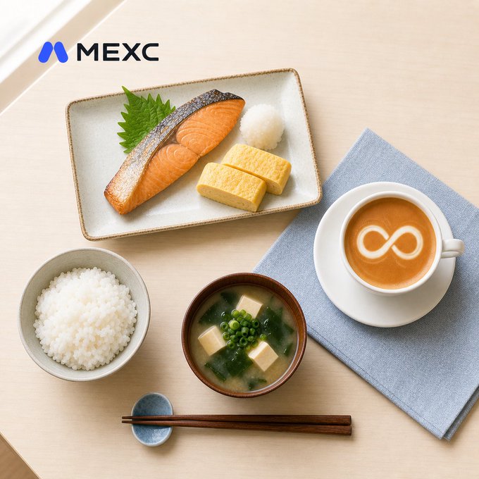 A MEXC-branded image showing a Japanese meal with grilled salmon, tamagoyaki, miso soup, rice, and a coffee featuring an infinity-symbol latte art design.