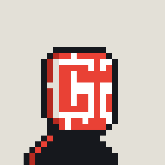 A pixel art illustration of a red abstract rectangular object with a black base on a cream background.