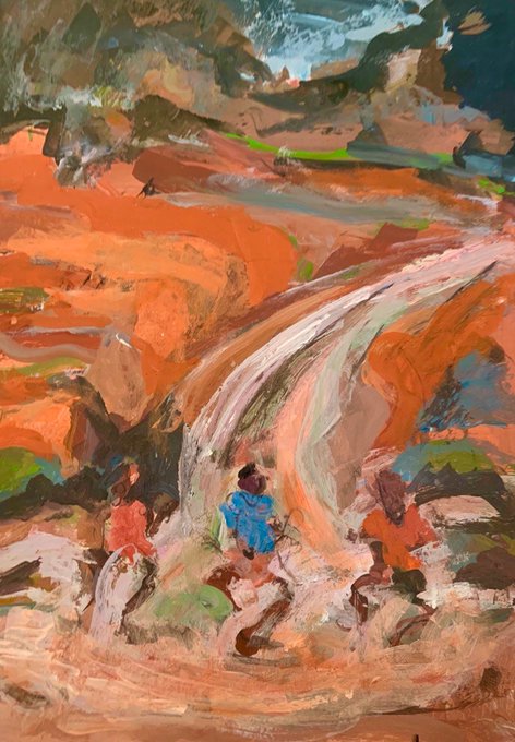 A painterly artwork depicting riders on horseback traversing a rocky, orange landscape.