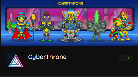 A promotional banner for "CyberThrone" displayed as OPEN, featuring five cartoon warrior/king characters including a samurai and a robotic king on a throne against a pink background.
