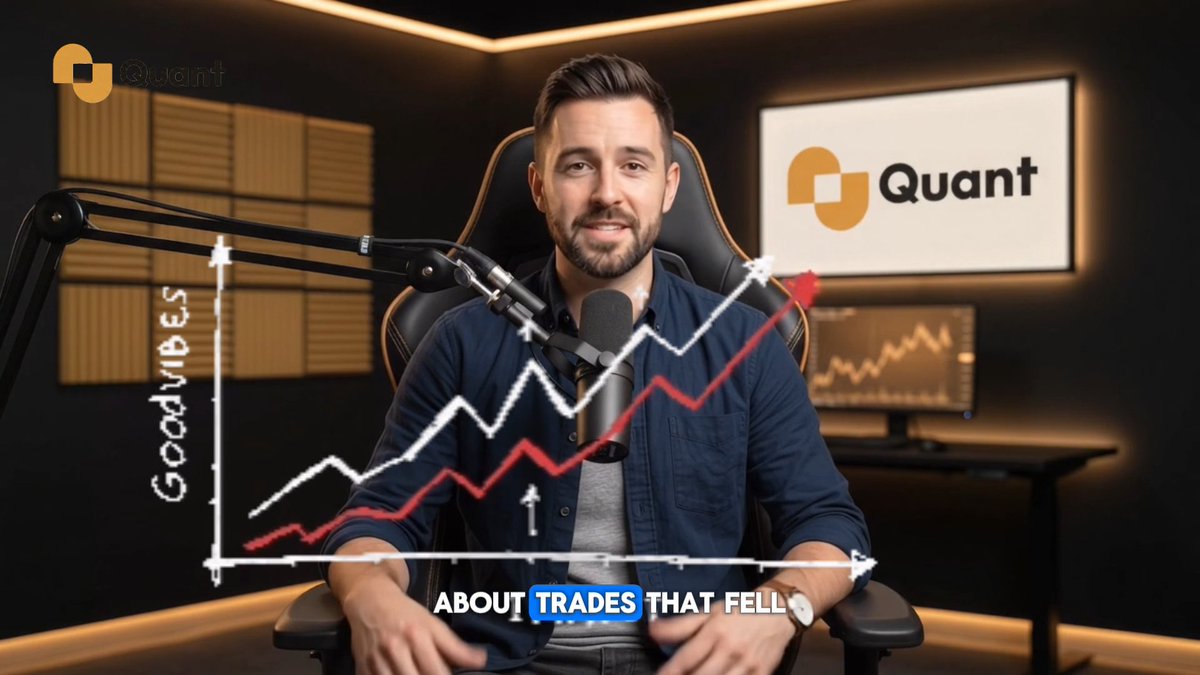 A man in a dark blue shirt speaks into a microphone in a studio with 'Quant' branding and a trading chart graphic; the caption reads 'ABOUT TRADES THAT FELL'.