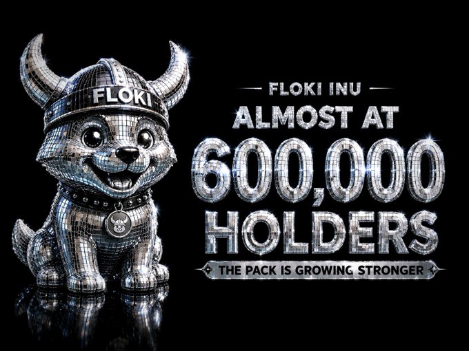 A promotional graphic for 'FLOKI INU' cryptocurrency featuring a disco-ball-style dog wearing a viking helmet, announcing 'ALMOST AT 600,000 HOLDERS'.