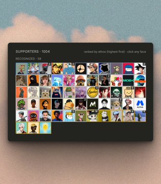 This image shows a "SUPPORTERS" count of 1004, with only 58 of them "RECOGNIZED," visually supporting the claim of unrecognized accounts as mentioned in the accompanying post. The display features a grid of profile avatars, likely representing the supporters.