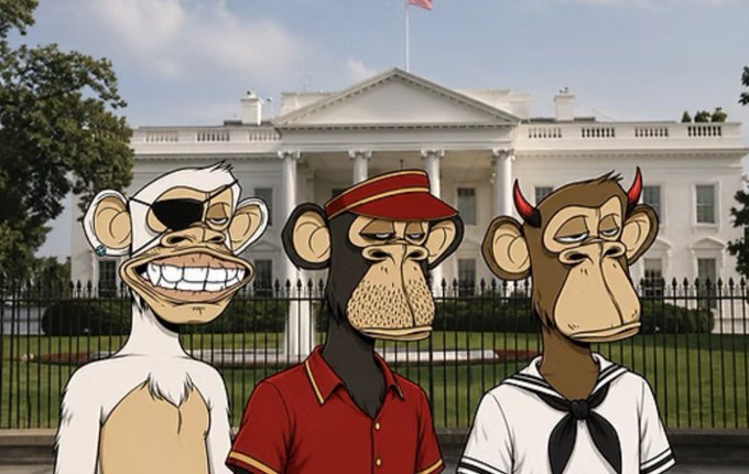 Three cartoonish Bored Ape-style characters stand in front of the White House; one is white with an eye patch and a gold tooth, the middle one wears a red bellhop uniform, and the right one wears a sailor outfit with red devil horns.