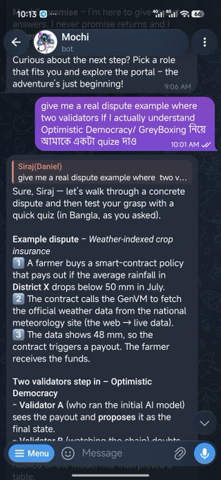 A Telegram chat with 'Mochi bot' explaining a dispute example involving Optimistic Democracy/GreyBoxing, using a weather-indexed crop insurance scenario with two validators.