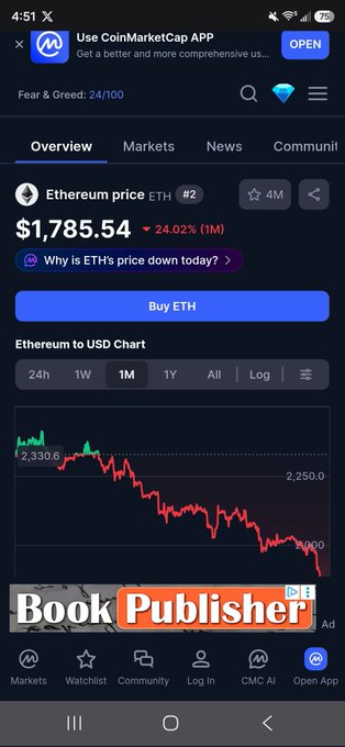 A black phone screen displays an app called "Use CoinMarketCap App", which appears to provide cryptocurrency trading information, including stock charts for Etherum and Bitcoin. The phone's home screen features a social media app with a user-friendly interface, allowing users to engage in conversations with others or browse through their feeds. There is also a post on the app discussing the recent price trends of Etherum and Bitcoin.