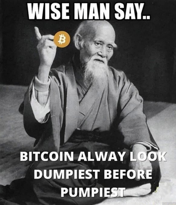 A black-and-white meme image of an elderly wise man holding up a Bitcoin symbol, captioned 'WISE MAN SAY.. BITCOIN ALWAYS LOOK DUMPIEST BEFORE PUMPIEST'.