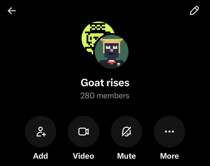 A dark mobile app screen showing a group call titled 'Goat rises' with 280 members, featuring pixel-art avatars of a green creature and a bearded man, with Add, Video, Mute, and More options.