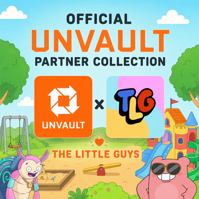 A promotional graphic for the 'OFFICIAL UNVAULT PARTNER COLLECTION' featuring the Unvault logo and 'TLG' (The Little Guys) logo with cartoon characters in a colorful playground setting.