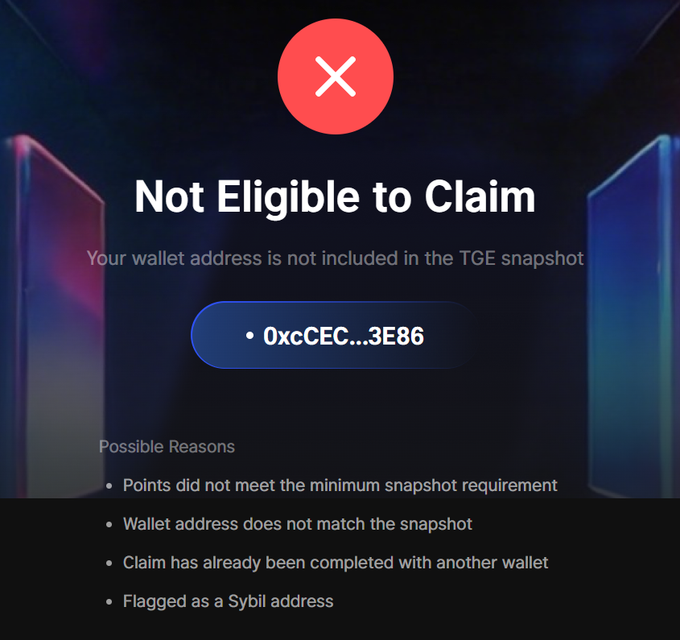An error screen displays "Not Eligible to Claim" for the wallet address 0xcCEC...3E86, citing reasons such as points not meeting the minimum snapshot requirement, a mismatched wallet address, a completed claim with another wallet, or being flagged as a Sybil address. This relates to the post by expressing frustration at being ineligible for the token claim rewards, despite hearing about significant payouts from KOLs.