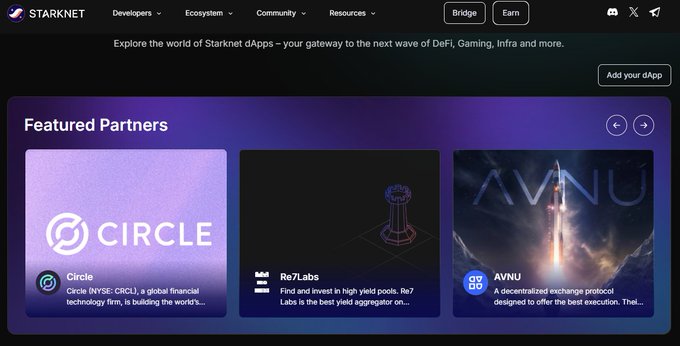 A screenshot of the Starknet website showing a 'Featured Partners' section with Circle, Re7 Labs, and AVNU displayed as decentralized finance partners.