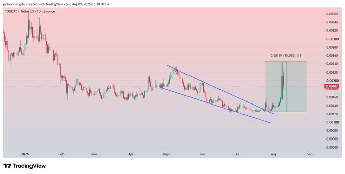 A TradingView candlestick chart of 1000CAT/USDT on Binance showing a downward trend followed by a sharp price spike to 0.00119 (+95.01%).