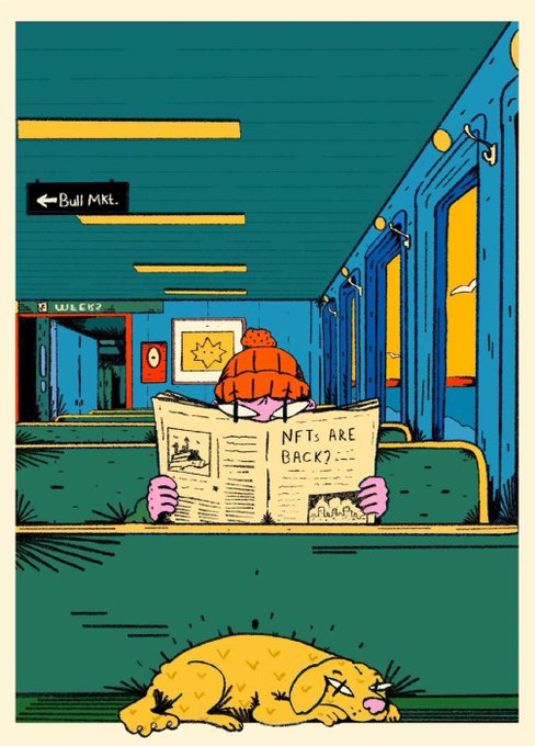 Illustration of a person on a subway reading a newspaper with the headline "NFTs ARE BACK?" while a cat lies on the floor nearby.