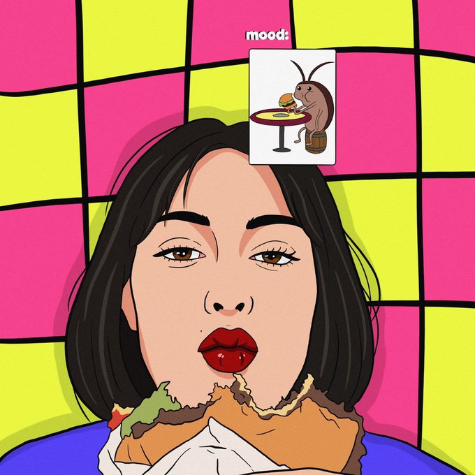 A pop-art style illustration of a woman with dark hair and red lips eating a burger, with a thought bubble labeled 'mood:' showing a cartoon cockroach sitting at a table eating a burger.