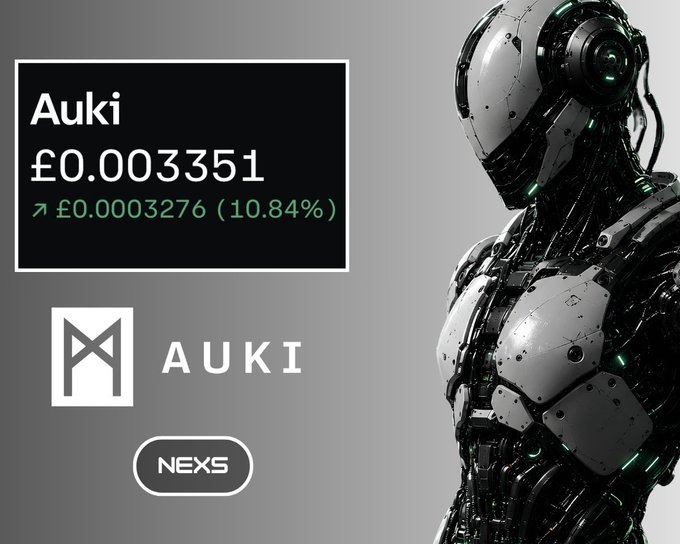 A promotional graphic for the cryptocurrency 'Auki' shows its price at £0.003351, up 10.84% to £0.0003276, alongside its AUKI logo, a NEXS badge, and an image of a humanoid robot.