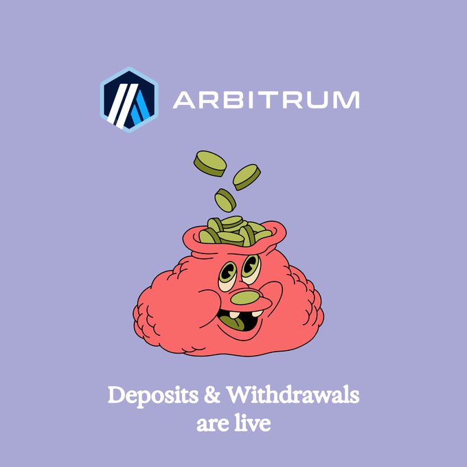 The image features a cartoon character, possibly a pink pig or a brain-shaped object, with a bag of money falling out of it. The text above the image reads "deposits & withdrawals are live" and below it says "Arbitrum deposits & withdrawals are now live on Dango". This suggests that the image is related to an advertisement for Arbitrum, promoting the idea that users can access their funds through the platform.