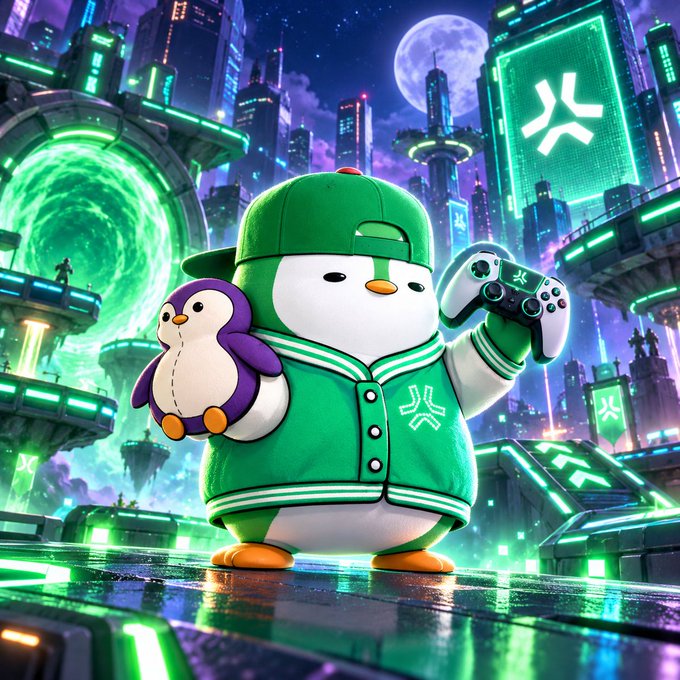 A digital illustration features a chubby cartoon penguin wearing a green baseball cap and a green varsity jacket with the 'X' logo, holding a white video game controller in one hand and a smaller purple penguin plush toy in the other, set against a futuristic neon-lit cityscape with glowing green portals.