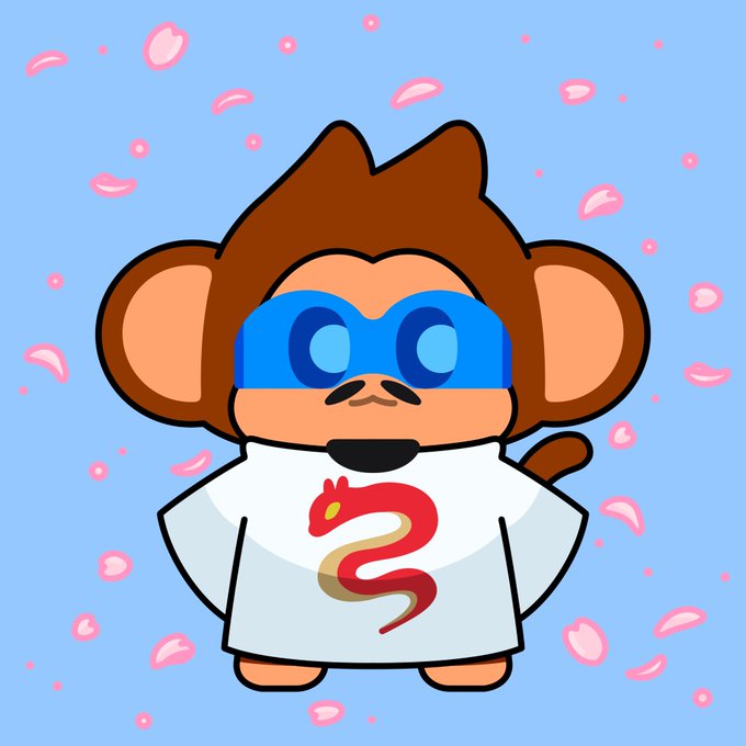 A cartoon illustration of a brown monkey character with large blue eyes wearing a white t-shirt featuring a red snake/symbol, set against a blue background with falling pink cherry blossom petals.