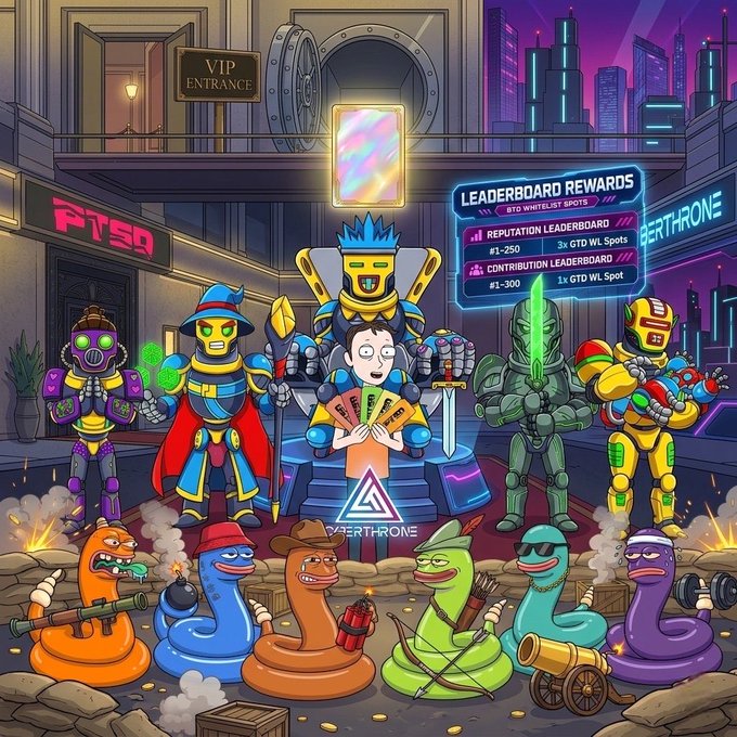 A colorful cartoon illustration featuring a central character holding GTD whitelisting spots surrounded by robots, armed snakes, and a 'LEADERBOARD REWARDS' panel for the BERTHRONE game.