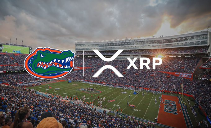 A stadium photograph overlays the Florida Gators logo and the XRP cryptocurrency logo, suggesting a partnership between the university sports team and the digital asset.