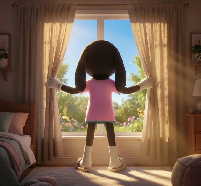 A 3D-rendered cartoon character resembling a black rabbit in a pink dress stands with its back to the viewer, opening curtains to a sunny garden view.