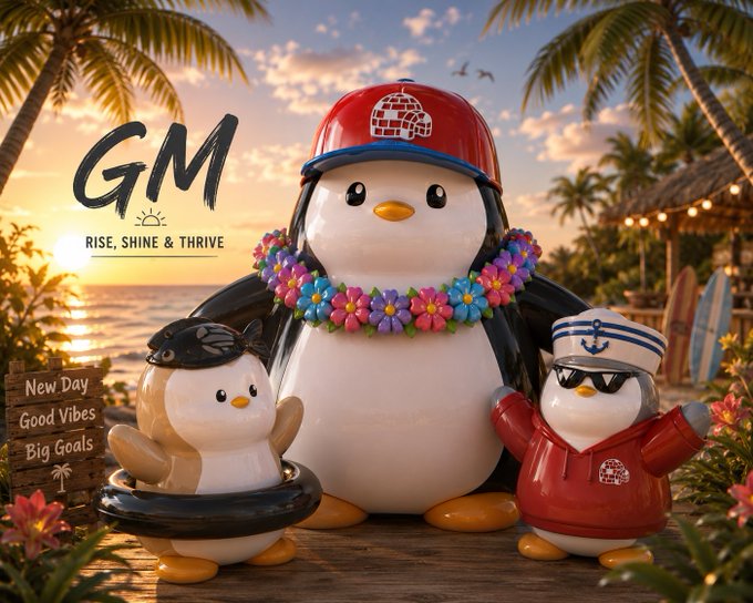 Three cheerful penguin figurines dressed in summer gear—lei, captain's hat, and shades—pose on a beach at sunset, with "GM - RISE, SHINE & THRIVE" and a sign reading "New Day, Good Vibes, Big Goals" reinforcing the upbeat "Good Morning" greeting. The tropical setting and motivational text make it a perfect visual accompaniment to a "GM everyone" post.