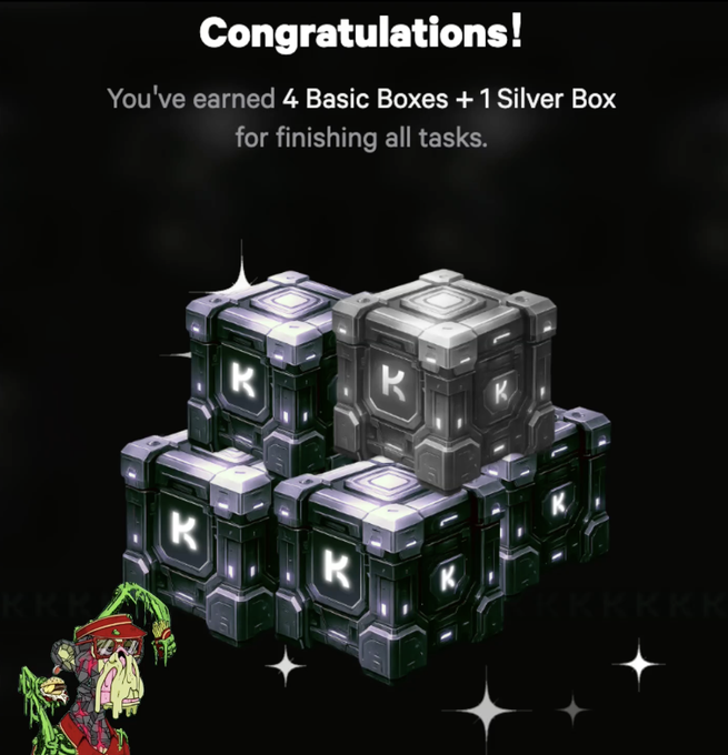 A celebratory screen from KotoTrade shows the message "Congratulations! You've earned 4 Basic Boxes + 1 Silver Box for finishing all tasks," featuring a stack of glowing black boxes marked with "K" alongside a zombie character, visually representing the rewards users receive for completing the platform's tasks—aligning with the post's emphasis on KotoTrade's seamless, gamified trading experience built with GRVT.
