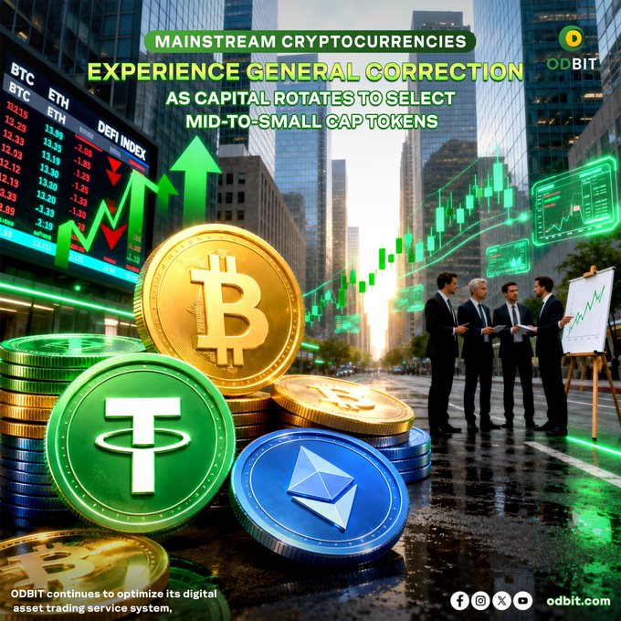 The image shows a crypto market graphic with Bitcoin, Ethereum, Tether, and other coins displayed alongside candlestick charts and businessmen in suits, featuring the headline "MAINSTREAM CRYPTOCURRENCIES EXPERIENCE GENERAL CORRECTION AS CAPITAL ROTATES TO SELECT MID-TO-SMALL CAP TOKENS." The ODBIT logo appears in the corner, visually reinforcing the post's message about capital rotation from major cryptocurrencies to mid-cap tokens, while the correcting price charts for BTC and ETH support the narrative of a broader market shift.