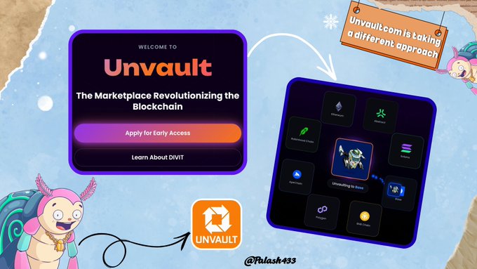 A promotional graphic for 'Unvault' marketplace with a winter/snow theme, showing a 'Welcome to Unvault' welcome screen and a marketplace interface featuring NFT categories like Ethereum and Kadenasis Chain.