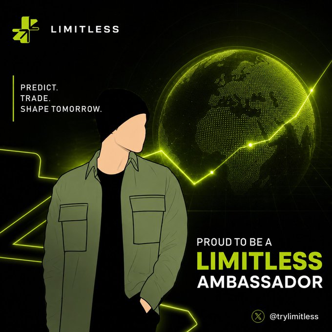 A stylized illustration features a faceless figure in a green jacket standing beside a glowing green digital globe with an upward trending line graph, overlaid with the "LIMITLESS" logo, the tagline "PREDICT. TRADE. SHAPE TOMORROW," and text reading "PROUD TO BE A LIMITLESS AMBASSADOR" alongside the handle "@trylimitless." The post expresses excitement about becoming a Limitless ambassador, aligning with the image's promotional ambassador branding for the prediction platform.