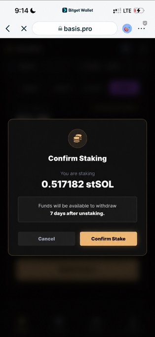 A mobile screenshot of the basis.pro website displaying a "Confirm Staking" popup for 0.517182 stSOL, noting that "Funds will be available to withdraw 7 days after unstaking," with options to Cancel or Confirm Stake—illustrating the author's hands-on engagement with monitoring their staking rewards and dashboard activity.