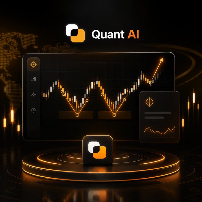 A promotional graphic for "Quant AI" featuring a black and orange logo above a digital dashboard displaying a financial candlestick chart with an upward arrow, set against a dark background with a glowing orange platform.