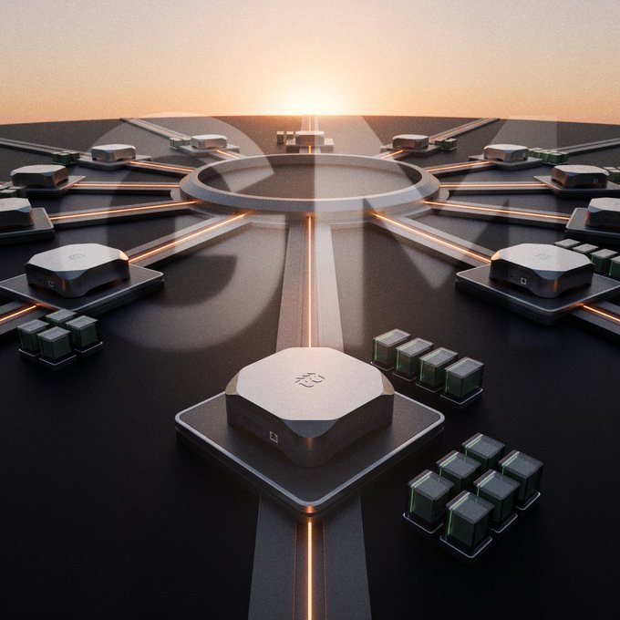 A futuristic 3D rendered scene shows octagonal processor-like devices arranged in a circular pattern on a dark surface with glowing orange lines, lit by a sunset on the horizon.