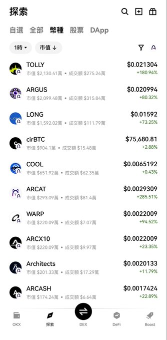 A cryptocurrency trading app screenshot showing a list of tokens with their prices and 24-hour changes, including TOLLY, ARGUS, LONG, cirBTC, COOL, ARCAT, WARP, ARCX10, Architects, and ARCASH.