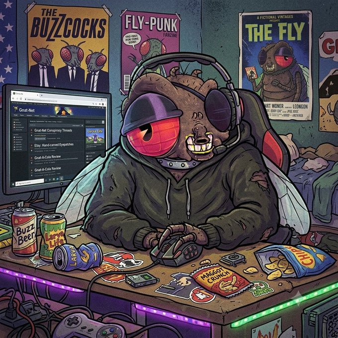 Digital artwork of a fly character wearing headphones and a hoodie sitting at a computer desk surrounded by posters, energy drinks, snacks, and video games.