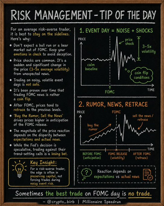 The image is a "Risk Management - Tip of the Day" infographic by @crypto_birb / Millionaire Speedrun, advising risk-averse traders to stay sidelined on FOMC event days, with charts illustrating that price shocks cause 3-5x average volatility ("coin flip conditions") and that prices retrace after the release—so "the best trade on FOMC day is no trade." This directly supports the post's message that staying out during FOMC noise can save traders from losses, given the current 66.3% odds of no rate change and 33.7% odds of a hike to 375-400 bps.