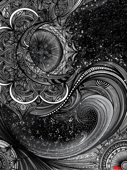 An intricate black and white digital illustration features swirling patterns, mandala-like designs, and starry cosmic elements with detailed line work.