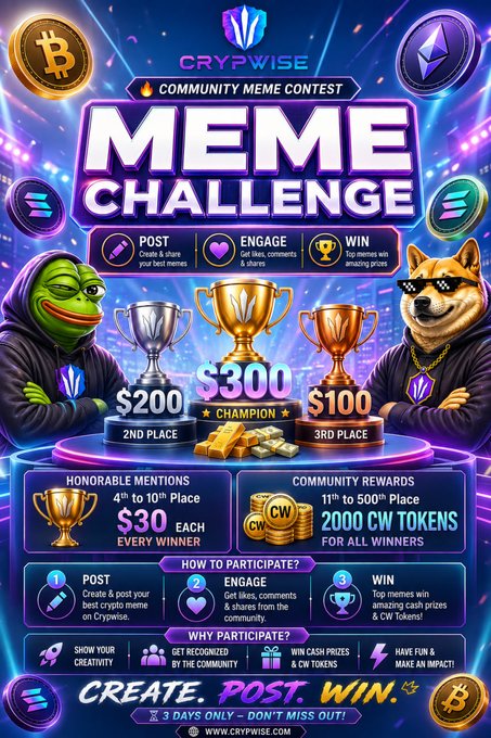 A vibrant promotional poster for the "CRYPWISE COMMUNITY MEME CONTEST" featuring the Pepe frog and a "Wojak"-style Shiba Inu character flanking three golden trophies, with prize tiers clearly displayed: $300 for 1st, $200 for 2nd, $100 for 3rd, $30 for 4th-10th place, and 2,000 CW Tokens for 11th-500th place, all within a 3-day challenge window at crypwise.com.