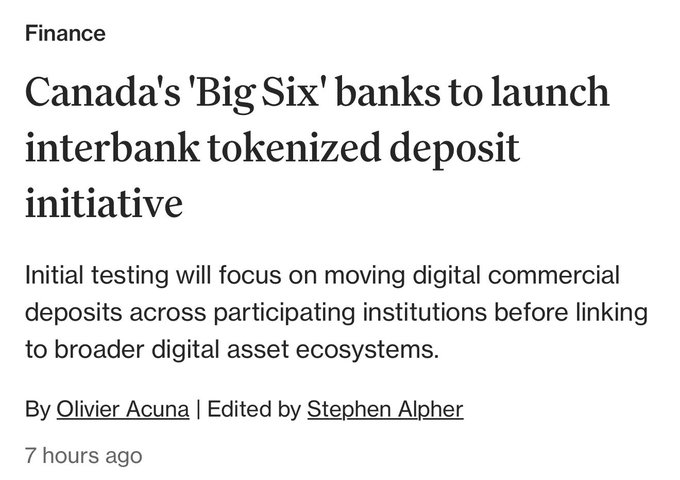 A finance news article headline reads "Canada's 'Big Six' banks to launch interbank tokenized deposit initiative," with initial testing focused on moving digital commercial deposits across participating institutions before linking to broader digital asset ecosystems. The article, written by Olivier Acuna and edited by Stephen Alpher, accompanies a report on Canada's six largest banks collaborating on a joint project to tokenize deposits and enable 24/7 blockchain-based payments.