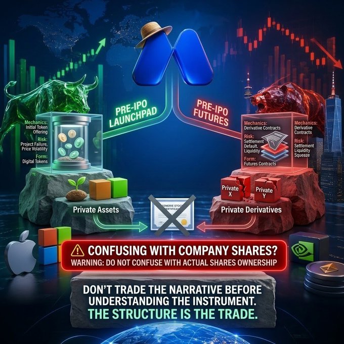 A cryptocurrency infographic contrasting 'Private Assets' (Pre-IPO Launchpad) with 'Private Derivatives' (Pre-IPO Futures), warning: 'CONFUSING WITH COMPANY SHARES? DO NOT CONFUSE WITH ACTUAL SHARES OWNERSHIP' and stating 'The structure is the trade.'