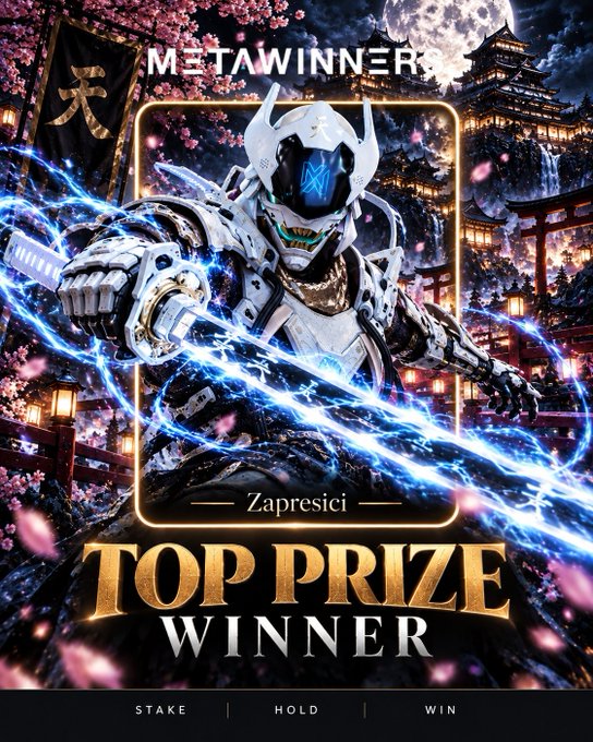 A 'TOP PRIZE WINNER' graphic from 'METAWINNER' featuring a futuristic cyborg ninja character wielding a glowing blue energy sword against a backdrop of a Japanese castle and cherry blossoms, with the username 'Zapresici' displayed.