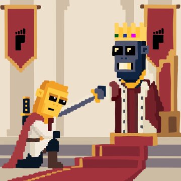 Pixel art depicting a blonde figure in a red cape kneeling before a dark-skinned king wearing a crown and holding a scepter in a throne room.