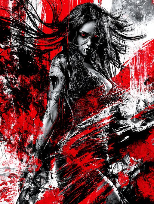 Stylized digital artwork featuring a dark-haired female figure with red glowing eyes set against a dramatic red, black, and white painted background.