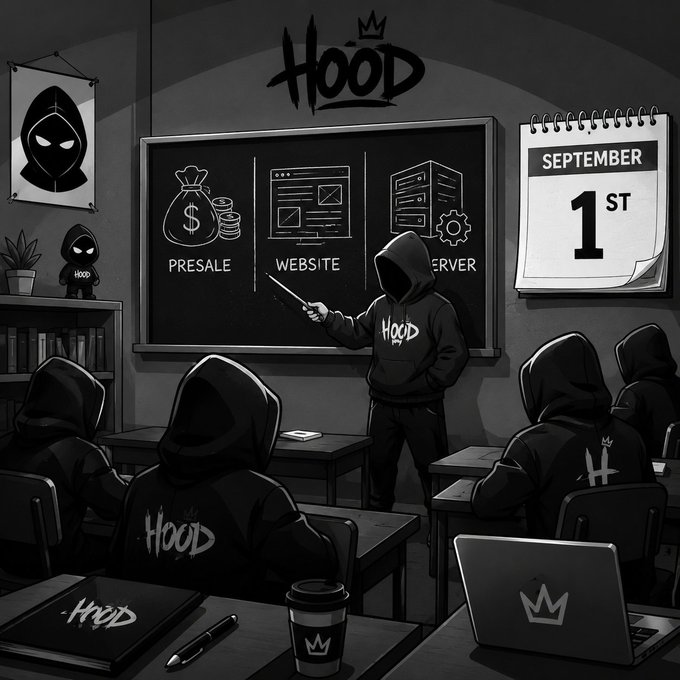 A hooded figure points to a chalkboard detailing the "PRESALE," "WEBSITE," and "SERVER" phases of the "$HOOD" project, with a September 1st calendar marking the early access date, illustrating the post's announcement of updates and the upcoming presale timeline.