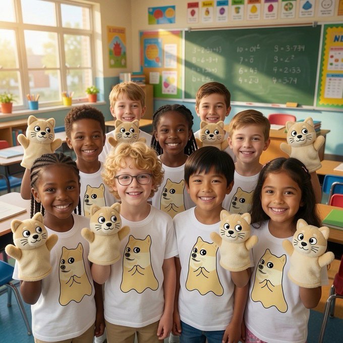 A group of smiling children in a classroom setting, all wearing matching white t-shirts featuring a cat design and holding up plush cat hand puppets.