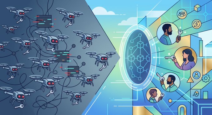 A conceptual illustration split down the middle: the left side shows numerous robotic drones with red eyes against a dark background with code, while the right side depicts diverse humans interacting with technology, keys, and digital interfaces in a bright setting.