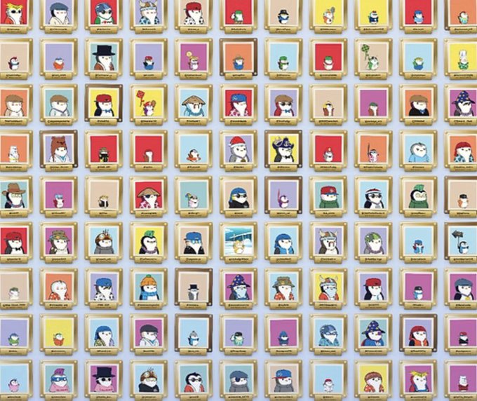 A wall displaying a colorful grid of Pudgy Penguins NFT portraits, with certain penguins highlighted by ornate gold frames to mark their distinguished status. This visual supports the post announcing Pudgy Penguins' "Wall of Penguins" feature, which awards gold frames to holders who use a Pudgy Penguin as their profile picture.
