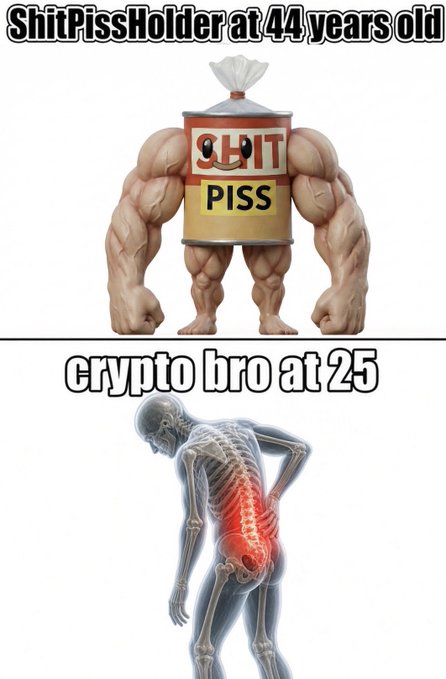 A meme comparing a muscular "ShitPissHolder" at 44 years old with a frail "crypto bro at 25" suffering from back pain, humorously suggesting the ShitPissHolder character ($SPSC coin) ages better than the stereotypical degen crypto investor. The image promotes $SPSC as a superior alternative to traditional crypto investing culture.