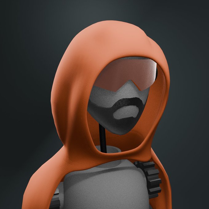 A 3D-rendered character figure wearing an orange hooded cloak with a black masked face featuring sunglasses and a goatee, set against a dark background.
